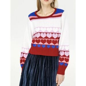 Cider Women's Cropped Cozy Sweater Pullover Heart Pattern Puff Sleeve-Size Small